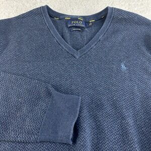 Polo Ralph Lauren Sweater Mens Large Blue Herring Pima Cotton V Neck Pullover